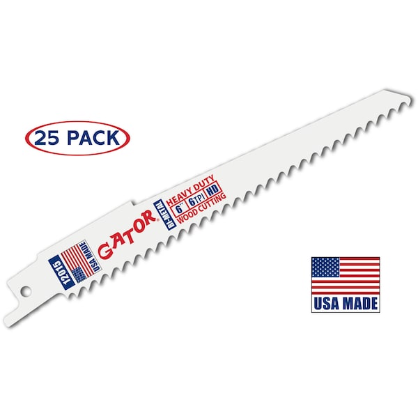 Gator Reciprocating Saw Blade, 6 in x 3/4 in x 6 TPI, Heavy Duty Wood Cutting, 25PK 12015-25 - main
